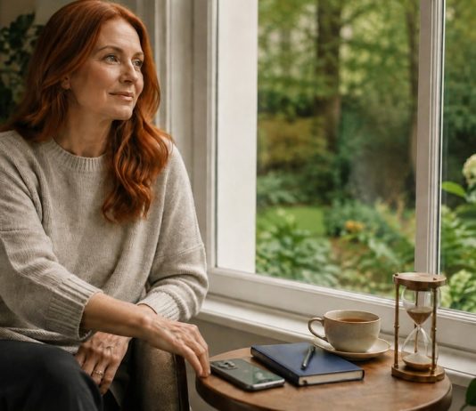 How Often Should You Get a Psychic Reading? Healthy Limits An adult red-haired woman in her forties deliberately placing her phone face down and taking a peaceful pause by a garden-facing window
