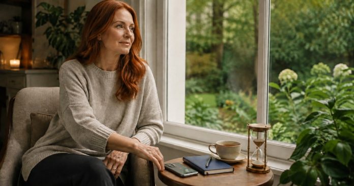 AI-created editorial illustration; corrected natural screen and reading-material orientation. An adult red-haired woman in her forties deliberately placing her phone face down and taking a peaceful pause by a garden-facing window