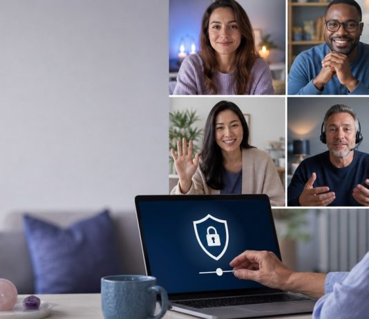 Online Psychic Communities: Belonging, Privacy, and Red Flags Older woman adjusting privacy settings during a moderated online spiritual group