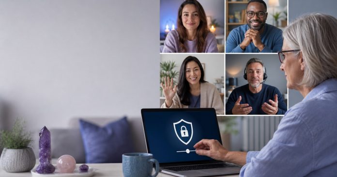 Online Psychic Communities Older woman adjusting privacy settings during a moderated online spiritual group