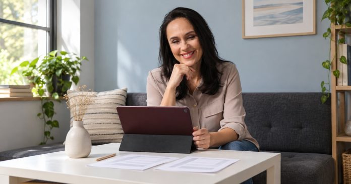 choose-psychic-reading-distinct-model-20261014 Woman comparing psychic reading services on a tablet with notes beside her.
