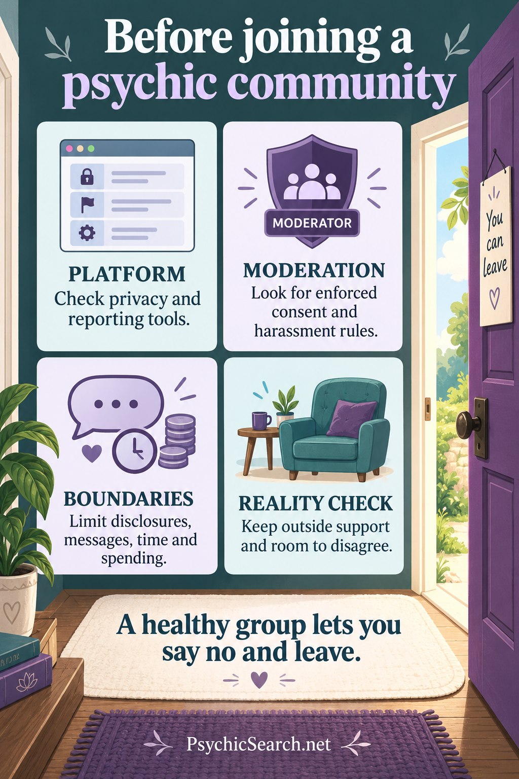 Check platform safeguards, moderation, personal boundaries and room for disagreement before joining.