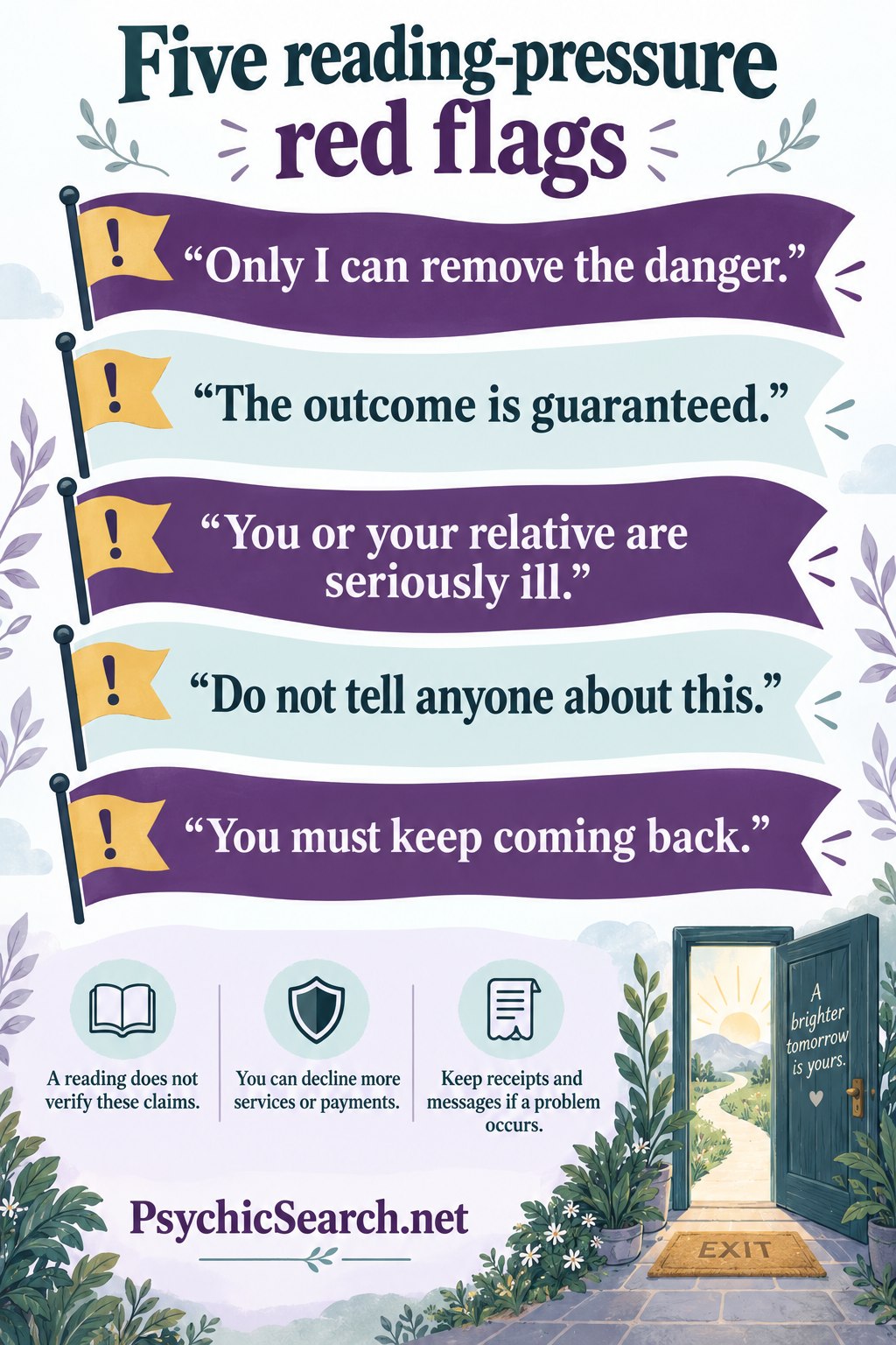 Fear, guaranteed outcomes, medical claims, secrecy and repeat-payment pressure are reasons to pause. Keep relevant records if a problem occurs.