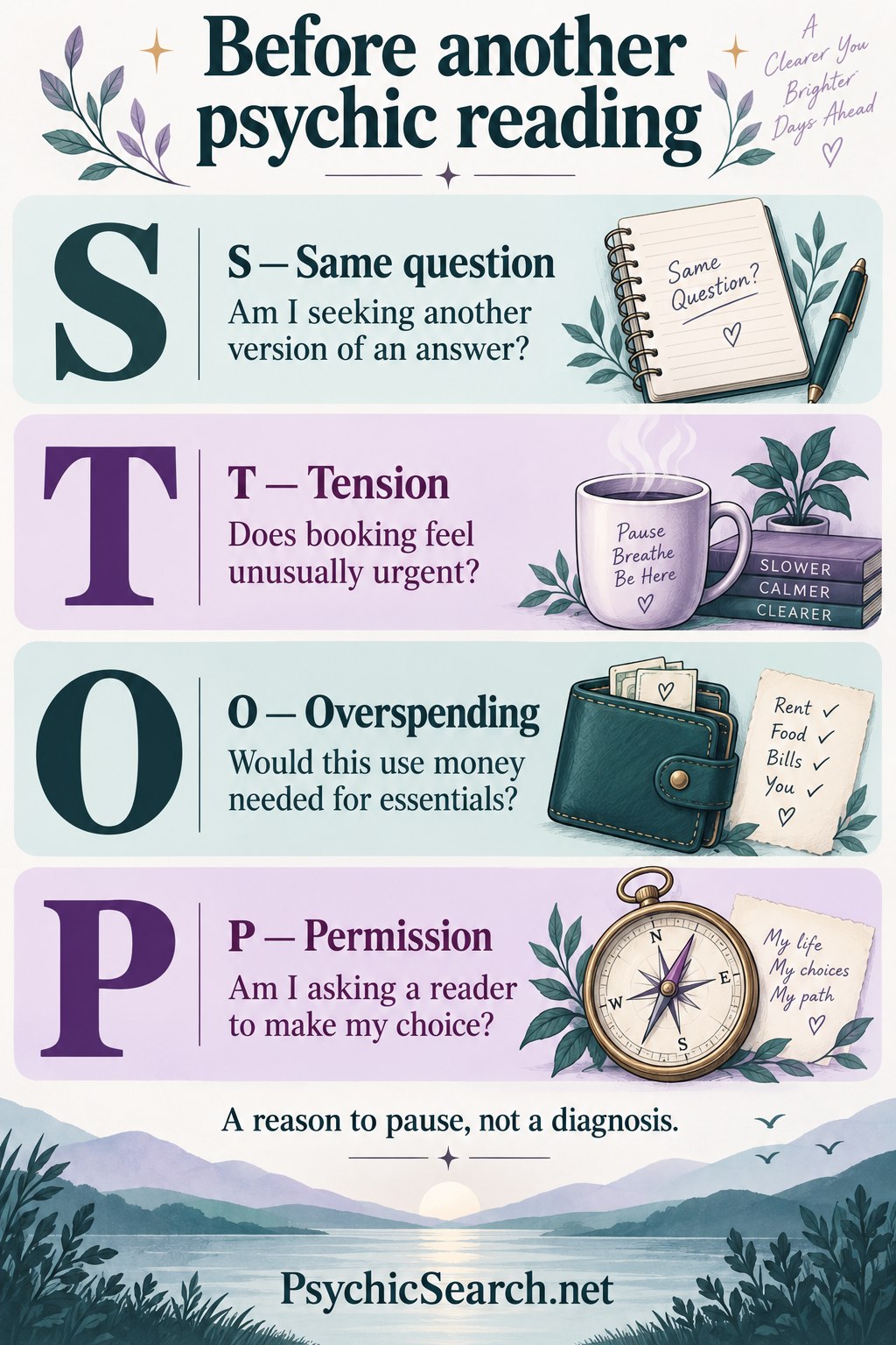The STOP check: same question, tension, overspending and permission. Use it to pause and consider your own choices; it is not a diagnosis.