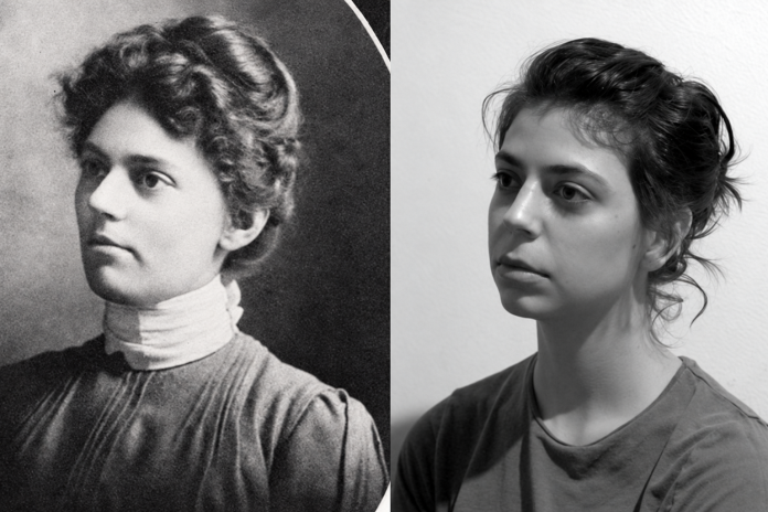 Black-and-white historical and contemporary portraits placed side by side.